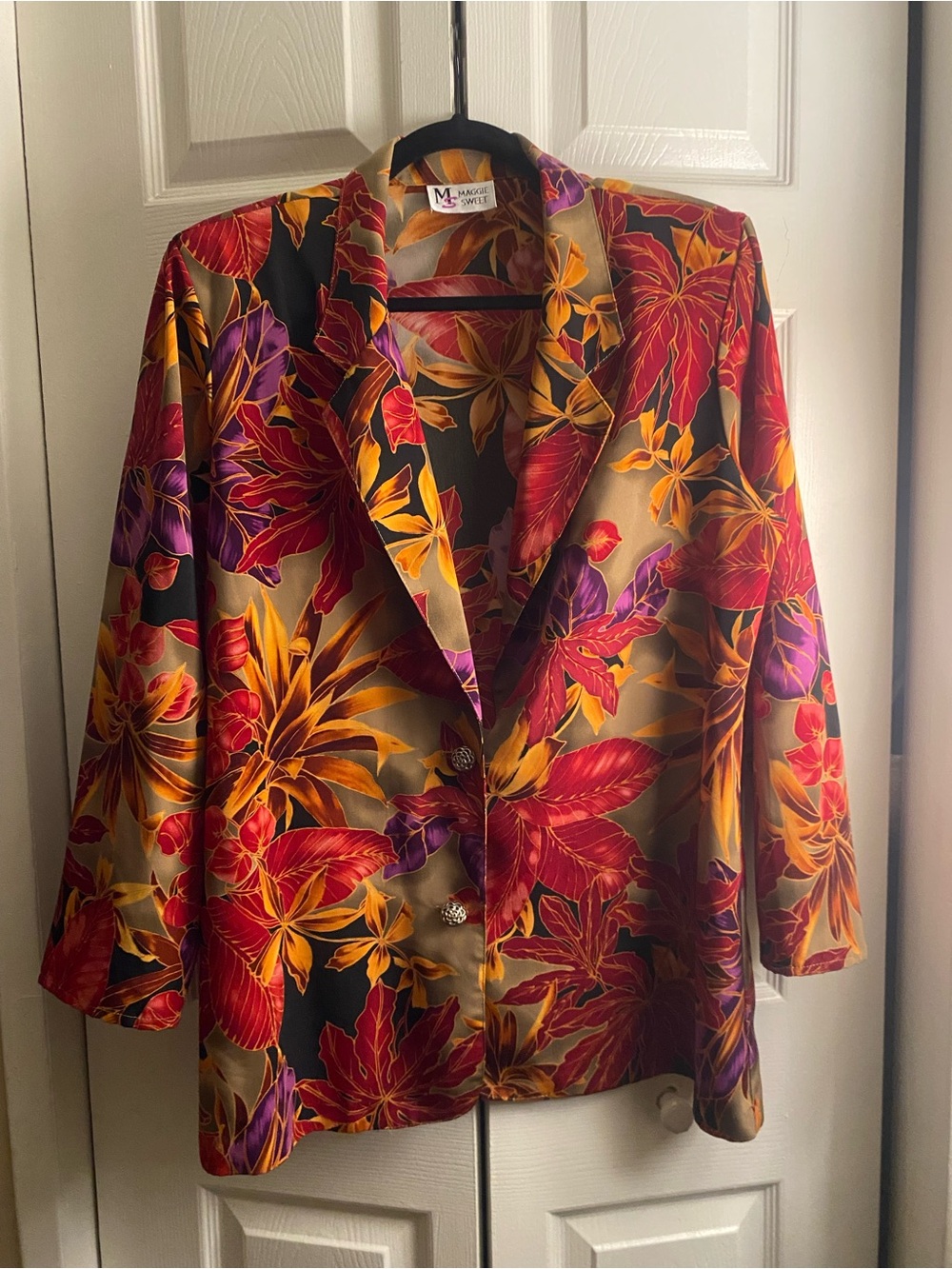 Maggie Sweet Multicolor Floral Satin Blazer - Red & Gold Floral